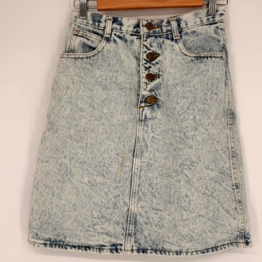 Mainframe Vintage 80s Acid Wash Denim Skirt High Waisted Button Fly Blue Size 9‎